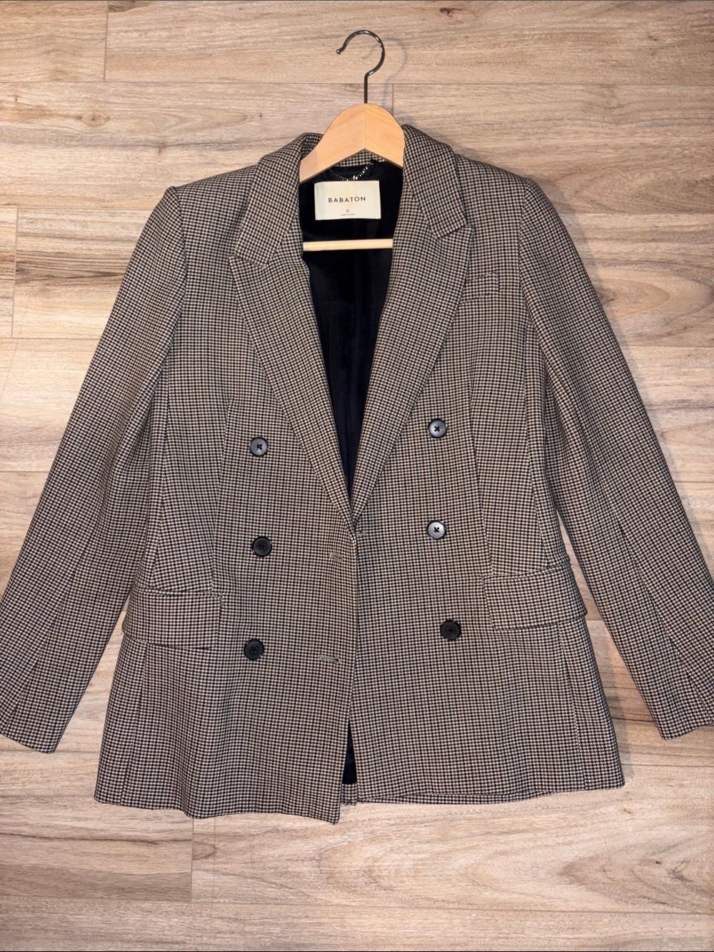 Babaton Brown and Black Houndstooth Double-Breasted Blazer